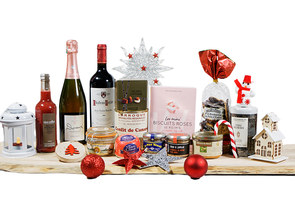 Panier gourmand Noël - composition de vins, chocolats, foie gras